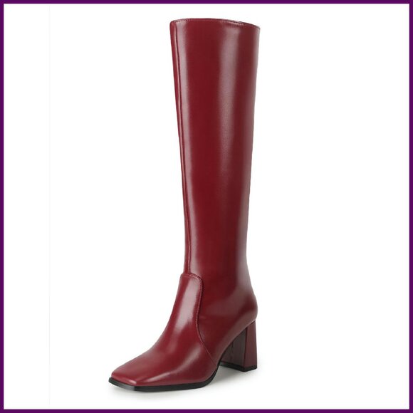 Knee High Boots Square Toe Chunky Heel Side Zipper Pull On Dress Boots